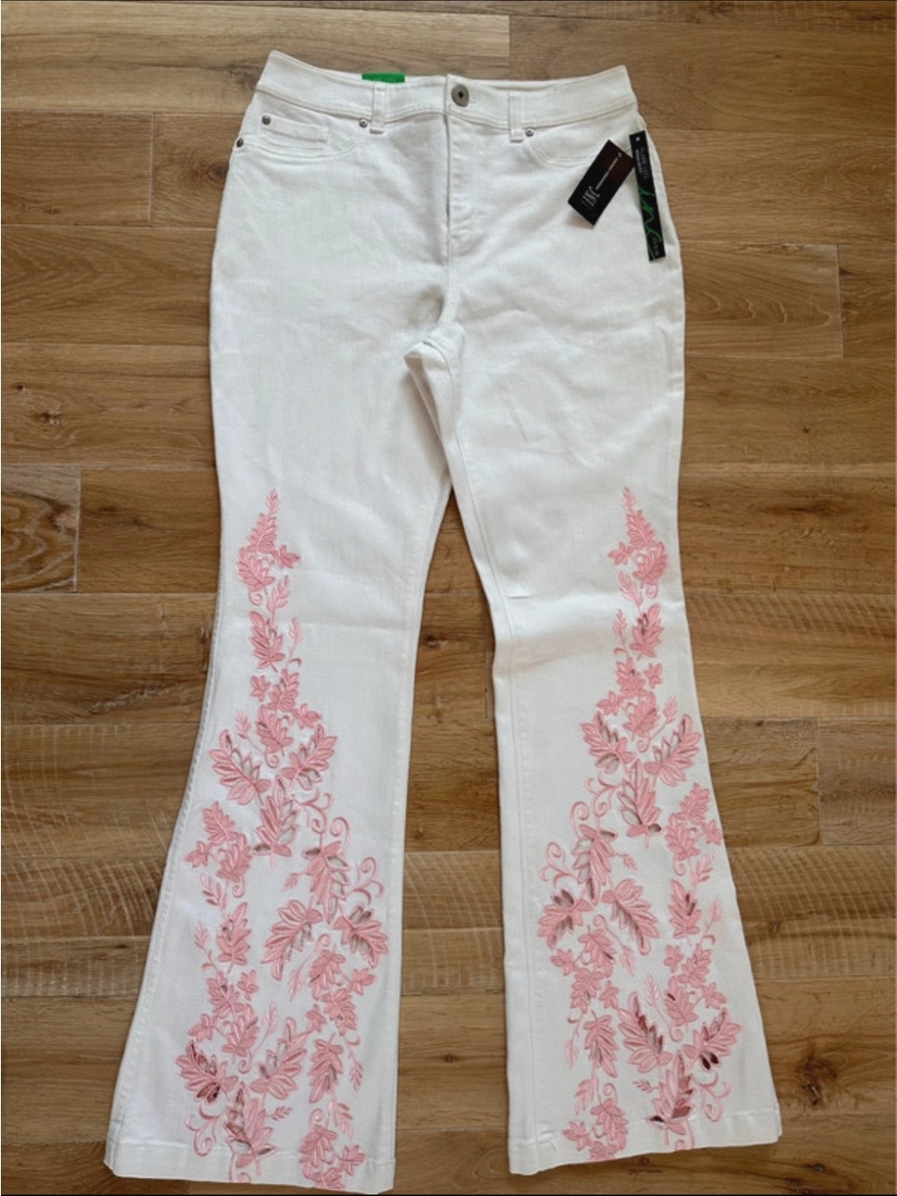 INC International Concepts White Flare Jeans with Pink Floral Embroidery